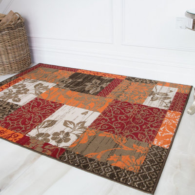 Loomed Red Terracotta Brown Floral Patchwork Living Room Rug 160X230Cm