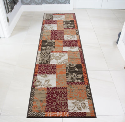 Loomed Red Terracotta Brown Floral Patchwork Living Room Runner Rug 60X240Cm