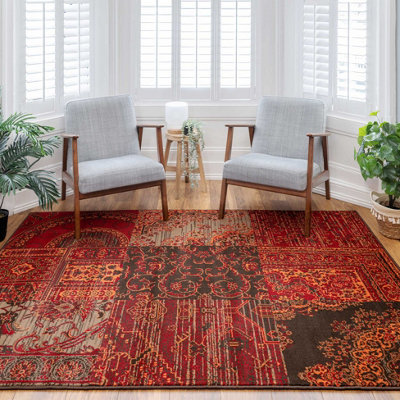 Loomed Red Brown Traditional Patchwork Living Room Rug 240X330Cm