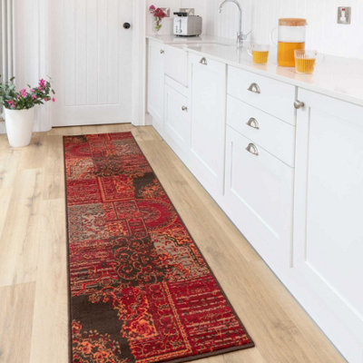 Loomed Red Brown Traditional Patchwork Living Room Runner Rug 60X240Cm from B&Q