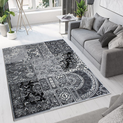 Loomed Black Grey Monochrome Traditional Patchwork Living Room Rug 80X150Cm