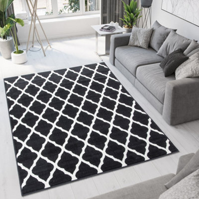 Loomed Black White Monochrome Classic Trellis Living Room Rug 80X150Cm