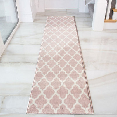 Loomed Blush Pink White Classic Trellis Living Room Runner Rug 60X240Cm from B&Q