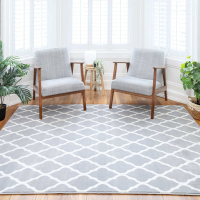 Loomed Grey White Classic Trellis Living Room Rug 190X280Cm