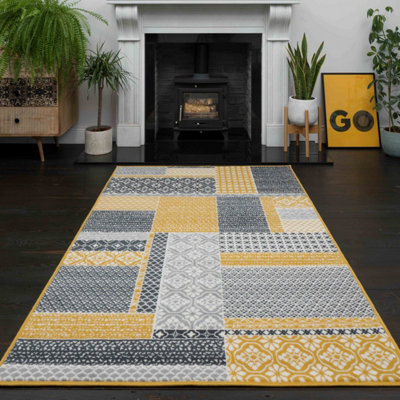 Loomed Yellow Ochre Grey Floral Patchwork Living Room Rug 80X150Cm