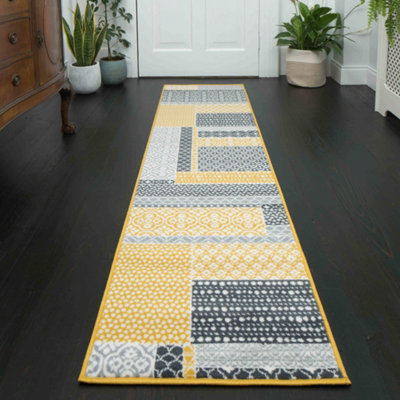 Loomed Yellow Ochre Grey Floral Patchwork Living Room Runner Rug 80X320Cm