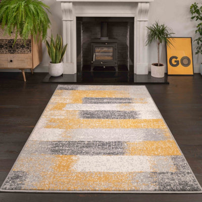 Loomed Yellow Ochre Grey Distressed Striped Block Living Room Rug 160X230Cm