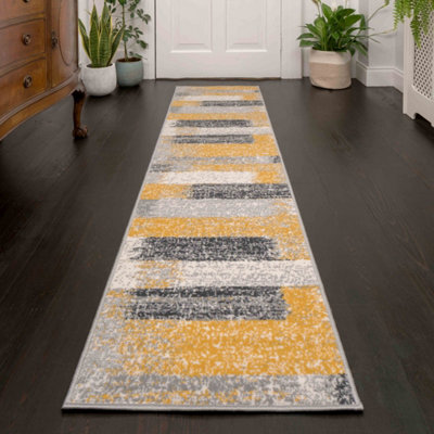 Loomed Yellow Ochre Grey Distressed Striped Block Living Room Runner Rug 60X240Cm