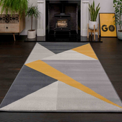 Loomed Yellow Ochre Grey Geometric Living Room Rug 120X170Cm