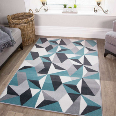 Loomed Duck Egg Blue Grey Diamond Geometric Living Room Rug 190X280Cm