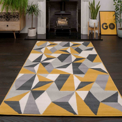 Loomed Yellow Ochre Grey Kaleidoscope Geometric Living Room Rug 80X150Cm