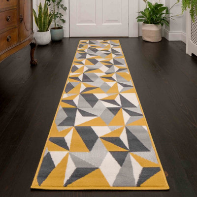 Loomed Yellow Ochre Grey Geometric Living Room Runner Rug 60X240Cm