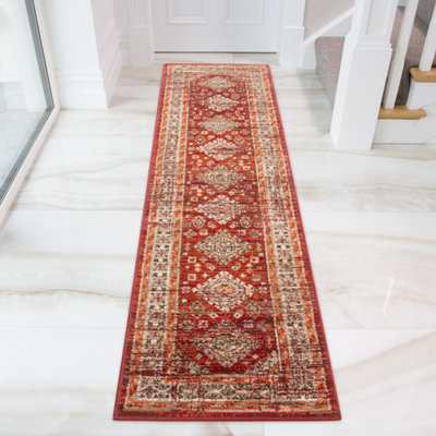 Loomed Red Terracotta Bordered Traditional Medallion Living Room Runner Rug 60X240Cm from B&Q