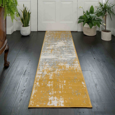 Loomed Yellow Ochre Grey Distressed Abstract Living Room Runner Rug 60X240Cm from B&Q