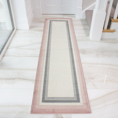 Loomed Blush Pink Grey Bordered Living Room Runner Rug 60X240Cm from B&Q