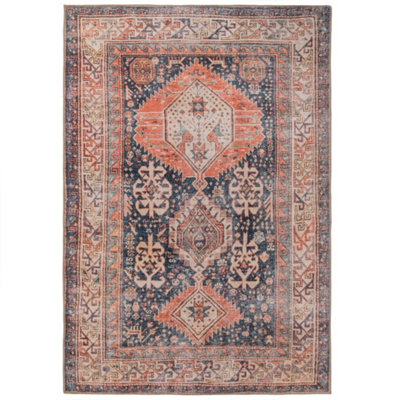 Loomed Distressed Navy Terracotta Persian Style Washable Non Slip Rug 60X110Cm from B&Q