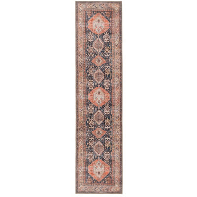 Loomed Distressed Navy Terracotta Persian Style Washable Non Slip Runner Rug 60X240Cm from B&Q