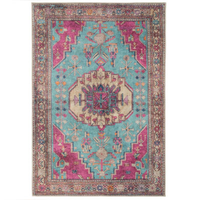 Loomed Bold Teal Blue Pink Persian Style Washable Non Slip Rug 200X290Cm from B&Q