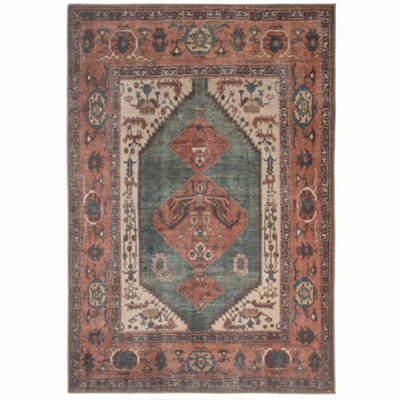 Loomed Distressed Terracotta Green Persian Style Washable Non Slip Rug 80X150Cm from B&Q