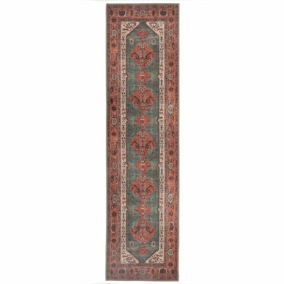 Loomed Distressed Terracotta Green Persian Style Washable Non Slip Runner Rug 60X240Cm from B&Q