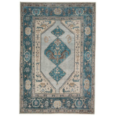 Loomed Distressed Teal Blue Beige Persian Style Washable Non Slip Rug 60X110Cm from B&Q