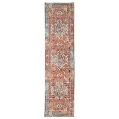 Loomed Distressed Terracotta Blue Persian Style Washable Non Slip Runner Rug 60X240Cm from B&Q