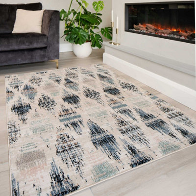 Loomed Navy Blue Beige Distressed Diamond Trellis Soft Living Area Rug 80X150Cm