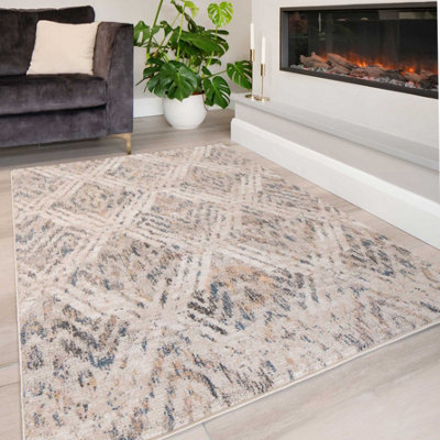Loomed Neutral Beige Distressed Diamond Soft Living Area Rug 160X230Cm from B&Q