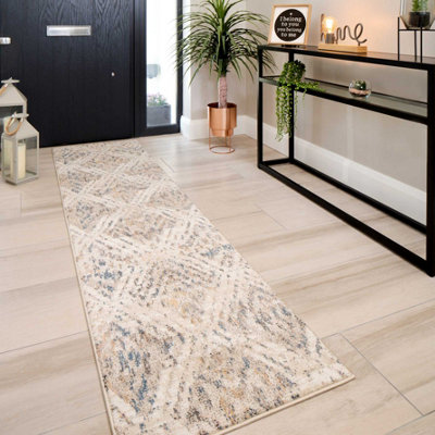 Loomed Neutral Beige Distressed Diamond Soft Runner Rug 60X240Cm from B&Q
