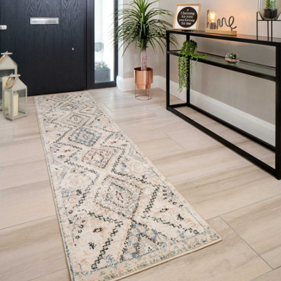Loomed Neutral Blue Distressed Tribal Diamond Soft Runner Rug 60X240Cm from B&Q