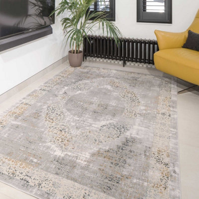 Loomed Grey Gold Metallic Traditional Medallion Distressed Living Area Rug 60X110Cm from B&Q
