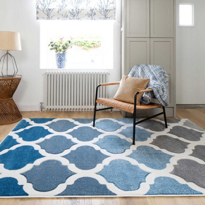 Loomed Navy Blue Grey Modern Trellis Living Area Rug 190X280Cm