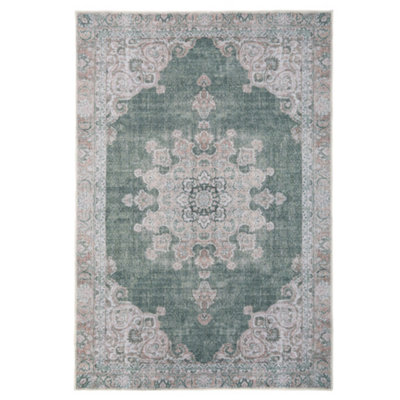 Loomed Green Vintage Medallion Anti Slip Washable Runner Rug 60X240Cm from B&Q