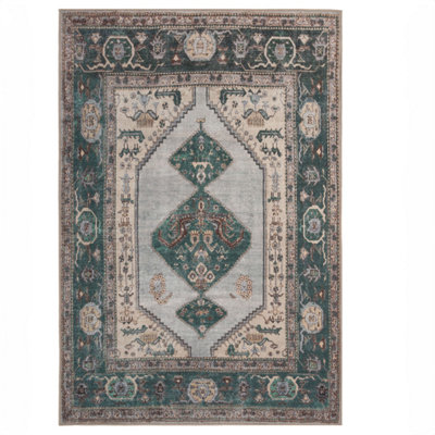 Loomed Green Cream Geometric Medallion Anti Slip Washable Rug 120X170Cm