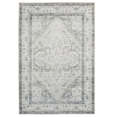 Loomed Silver Grey Green Distressed Bordered Medallion Anti Slip Washable Rug 160X230Cm from B&Q