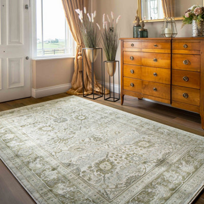 Loomed Green Vintage Distressed Bedroom Living Area Rug 190X280Cm