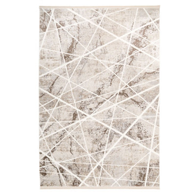 Loomed Beige Abstract Marble Bedroom Living Area Rug With Fringing 120X170Cm