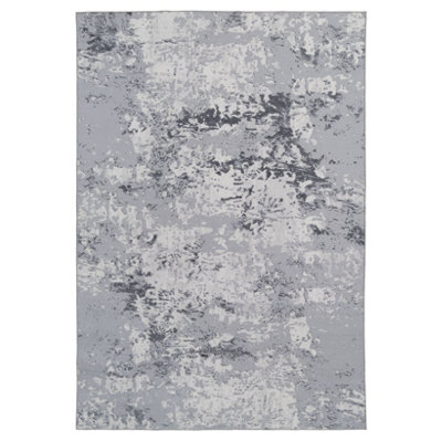 Loomed Washable Non-Slip Silver Grey Marble Area Rug 80Cm X 150Cm