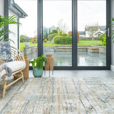 Loomed Beige Blue Living Area Rug Soft 190X280Cm