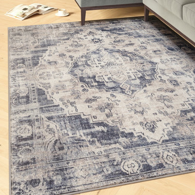 Loomed Beige Blue Distressed Vintage Medallion Washable Living Room Area Rug 200Cm X 290Cm from B&Q