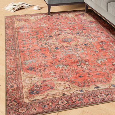 Loomed Gold Coral Distressed Persian Inspired Washable Living Room Area Rug 200Cm X 290Cm from B&Q