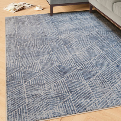 Loomed Denim Blue Geometric Distressed Washable Living Room Area Rug 240Cm X 330Cm from B&Q
