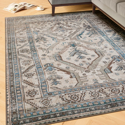 Loomed Beige Grey Traditional Bordered Medallion Washable Long Runner Rug 80Cm X 300Cm from B&Q