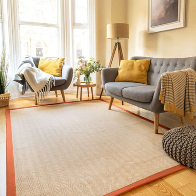 Loomed Beige Natural Jute Herringbone Pattern Non Slip Rust Border Rug 200Cm X 290Cm from B&Q