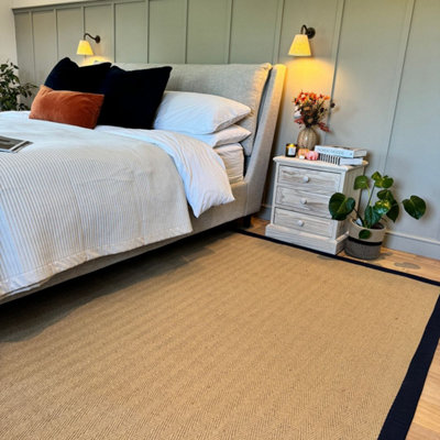 Loomed Beige Natural Jute Herringbone Pattern Non Slip Navy Border Rug 200Cm X 290Cm from B&Q