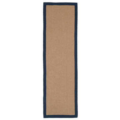 B&Q -  Beige Natural Jute Herringbone Pattern Non Slip Navy Border Rug 70Cm X 240Cm