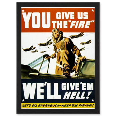 Artery8 War World Ww2 Usa Pilot Fighter Advert Jet Plane Give Em Hell Wall Art PrintA4 Size from B&Q