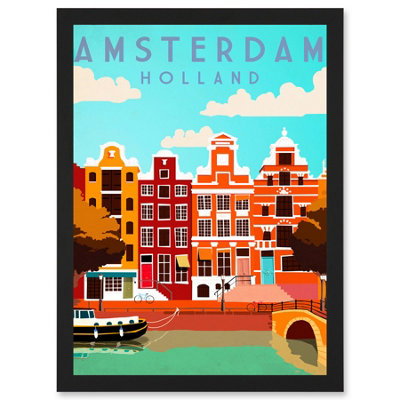 Artery8 Travel Tourism Amsterdam Holland Netherlands Canal Boat Houses Colourful Wall Art PrintA4 Size from B&Q