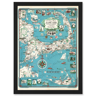 Artery8 1949 Cape Cod Nantucket Massachusetts Pictorial Map Chase Wall Art PrintA4 Size from B&Q