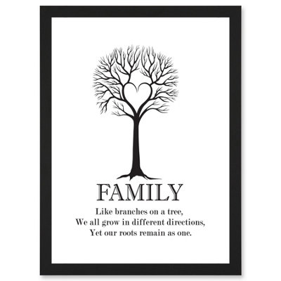 B&Q -  Family Roots Quote Motivation Typography B&w Heart Tree Wall Art PrintA4 Size